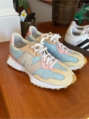 New Balance Women's 327 Sneakers in Light Blue, Pink, Cream